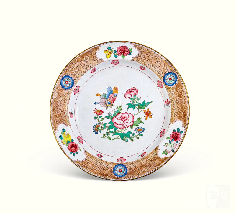 清雍正 铜胎画珐琅蝶恋花纹盘